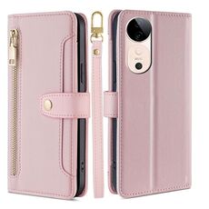 Per vivo S19 Sheep Texture Portafoglio a tracolla con cerniera Custodia per telefono in pelle (rosa)