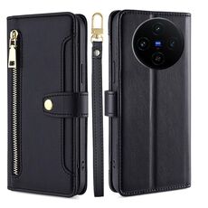 Per vivo X100s Sheep Texture Cross-body Zipper Wallet Custodia per telefono in pelle (nero)