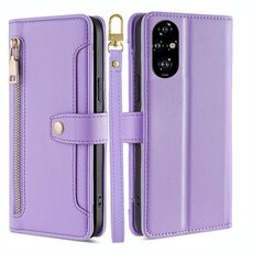 Per Honor 200 Pro 5G Custodia per telefono in pelle con cerniera a tracolla con texture di pecora (viola)