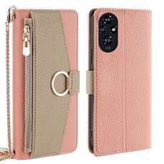 Custodia per telefono in pelle con texture litchi a tracolla per Honor 200 5G (rosa)
