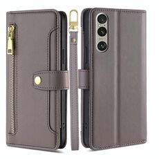 Per Sony Xperia 1 VI Lite Custodia in pelle con cerniera a tracolla con texture di pecora (grigio)