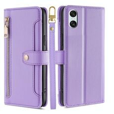 Per Sony Xperia 10 VI Lite Custodia per telefono in pelle con cerniera a tracolla con texture di pecora (viola)