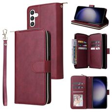 Per Samsung Galaxy S25 5G 9-Slot per schede Portafoglio con cerniera Custodia in pelle per telefono (rosso vino)