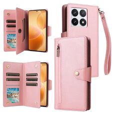 Per Xiaomi 14T Pro Global Rivet Buckle 9 Carte Custodia in Pelle a Tre Ante per Telefono (Oro Rosa)