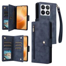 Per Xiaomi 14T Pro Global Rivet Buckle 9 carte Custodia in pelle a tre pieghe per telefono (blu)