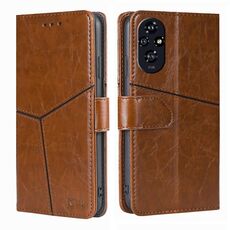 Custodia in pelle con cuciture geometriche per Honor 200 5G (marrone chiaro)