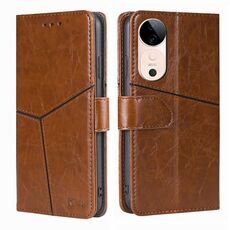 Per vivo S19 Custodia per telefono in pelle con cuciture geometriche (marrone chiaro)