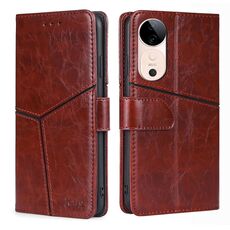 Per vivo S19 Custodia per telefono in pelle con cuciture geometriche (marrone scuro)