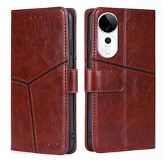 Per vivo S19 Pro Custodia per telefono in pelle con cuciture geometriche (marrone scuro)