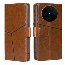 Per vivo X100s Custodia per telefono in pelle con cuciture geometriche (marrone chiaro)