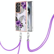 Per Samsung Galaxy S25 Ultra 5G Custodia antiurto in TPU IMD con motivo galvanico e cordino per il collo (fiore viola)