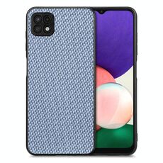 Per Samsung Galaxy A22 5G Custodia per telefono con cover posteriore in pelle con trama in fibra di carbonio (blu)