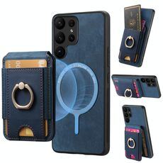 Per Samsung Galaxy S22 Ultra 5G Retro Custodia in pelle con supporto magnetico divisibile (blu)