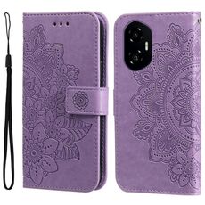 Custodia in pelle per telefono con stampa a fiori a sette petali per Honor 300 (viola chiaro)