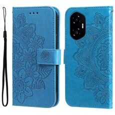 Custodia in pelle per telefono con stampa a fiori a sette petali per Honor 300 (blu)