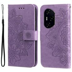 Custodia in pelle con stampa a fiori a sette petali per Honor 300 Pro (viola chiaro)