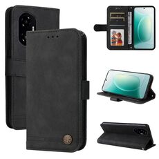 Custodia per telefono in pelle con bottone in metallo e motivo albero della vita per Honor 300 (nero)
