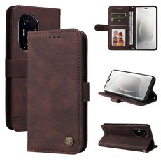 Custodia per telefono in pelle con bottoni in metallo e motivo albero della vita per Honor 300 Pro (marrone)