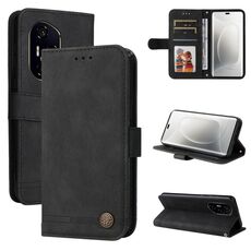 Custodia per telefono in pelle con bottone in metallo Life Tree For Honor 300 Ultra Skin Feel (nero)