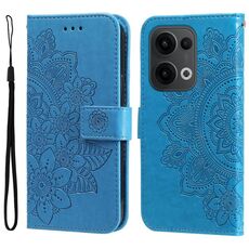 Per OPPO Reno13 Global Custodia in pelle con stampa a fiori a sette petali (blu)