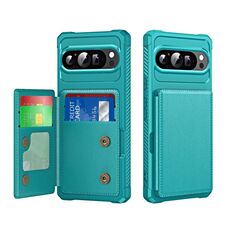 Per Google Pixel 9 Pro XL Custodia per telefono in pelle con supporto per carte di credito orizzontale a ribalta (verde ciano)