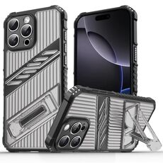 Per iPhone 16 Pro Plating Holder PC Hybrid TPU Custodia per telefono (grigio nero)