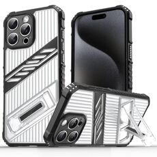 Per iPhone 15 Pro Max Plating Holder PC Hybrid TPU Custodia per telefono (nero trasparente)