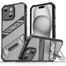 Per iPhone 15 Plus Plating Holder PC Hybrid TPU Custodia per telefono (grigio nero)