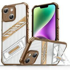 Per iPhone 14 Plus Custodia per telefono in TPU ibrido per PC con supporto placcato (oro deserto)