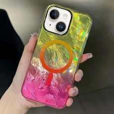 Per iPhone 15 Plus Custodia per telefono MagSafe con texture Glacier Gradient Plating (giallo rosa)