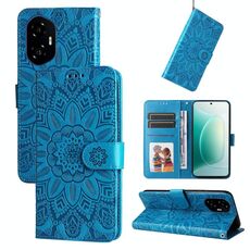 Custodia per telefono in pelle con motivo girasole in rilievo per Honor 300 (blu)