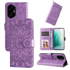 Custodia per telefono in pelle con motivo girasole in rilievo per Honor 300 (viola)