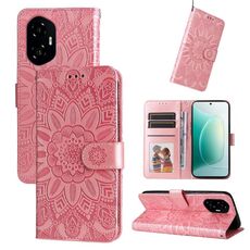 Custodia per telefono in pelle con motivo girasole in rilievo per Honor 300 (oro rosa)