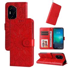 Custodia per telefono in pelle con motivo girasole in rilievo per Honor 300 Pro (rosso)