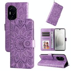 Custodia per telefono in pelle con motivo girasole in rilievo per Honor 300 Pro (viola)