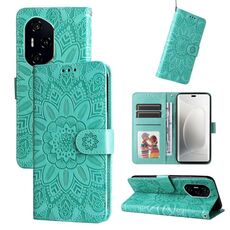 Custodia per telefono in pelle con motivo girasole in rilievo per Honor 300 Pro (verde)
