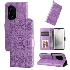 Custodia per telefono in pelle con motivo girasole in rilievo per Honor 300 Ultra (viola)