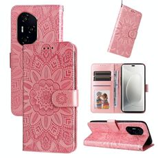 Custodia per telefono in pelle con motivo girasole in rilievo per Honor 300 Ultra (oro rosa)