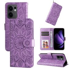 Per OPPO Reno13 F 4G / 5G Custodia per telefono in pelle con motivo girasole in rilievo (viola)