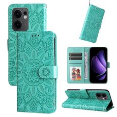 Per OPPO Reno13 F 4G / 5G Custodia per telefono in pelle con motivo girasole in rilievo (verde)