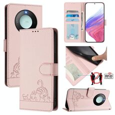 Per Honor X9c Smart 5G Global Cat Rat Embossed Pattern RFID Custodia in pelle per telefono con cordino (rosa)