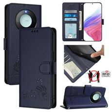 Per Honor X9c Smart 5G Global Cat Rat Embossed Pattern RFID Custodia in pelle per telefono con cordino (blu)
