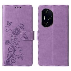 Custodia in pelle per telefono con fiori a farfalla in rilievo per Honor 300 Ultra (viola)