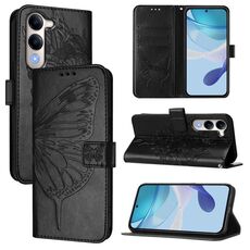 Per vivo Y29S 5G / Y04 5G Custodia per telefono in pelle con motivo a farfalla in rilievo globale (nero)
