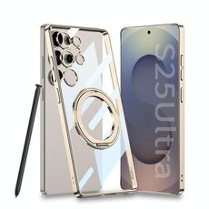 Per Samsung Galaxy S25 Ultra 5G GKK PC Phone Case con supporto rotante magnetico, penna non inclusa (oro trasparente)