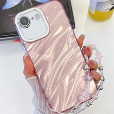 Per iPhone 16e placcatura glitter texture catena cinturino custodia per telefono in TPU con pellicola per lenti (increspature dell'acqua rosa)