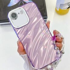 Per iPhone 16e placcatura glitter texture catena cinturino custodia per telefono in TPU con pellicola per lenti (increspature dell'acqua viola)