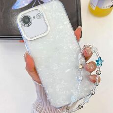Per iPhone 16e placcatura glitter texture catena cinturino custodia per telefono in TPU con pellicola per lenti (modello a conchiglia bianca)