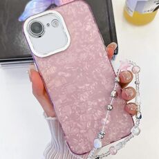Per iPhone 16e placcatura glitter texture catena cinturino custodia per telefono in TPU con pellicola per lenti (modello conchiglia rosa)