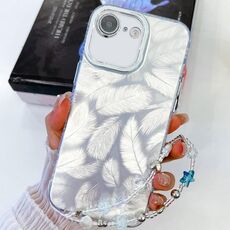 Per iPhone 16e placcatura glitter texture catena cinturino custodia per telefono in TPU con pellicola per lenti (piume bianche)